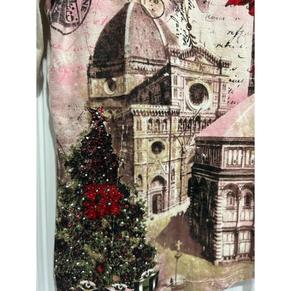 Blue Canyon Christmas Architecture 3/4 Sleeve Top Beige Red Sz Small Holiday - Picture 4 of 9